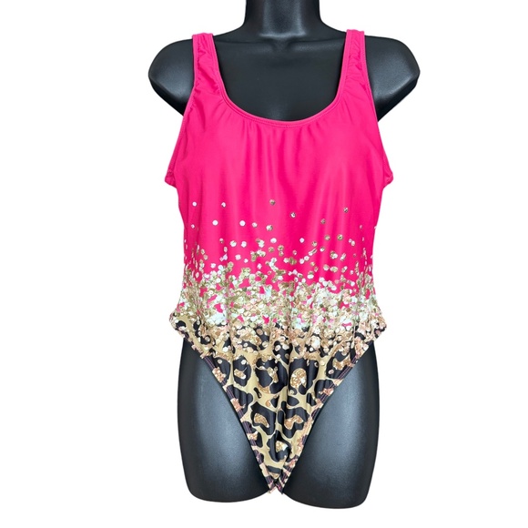 Pink Mixed Gold Petals & Animal Print One Piece Swimsuit Women's Size XL - Picture 3 of 13